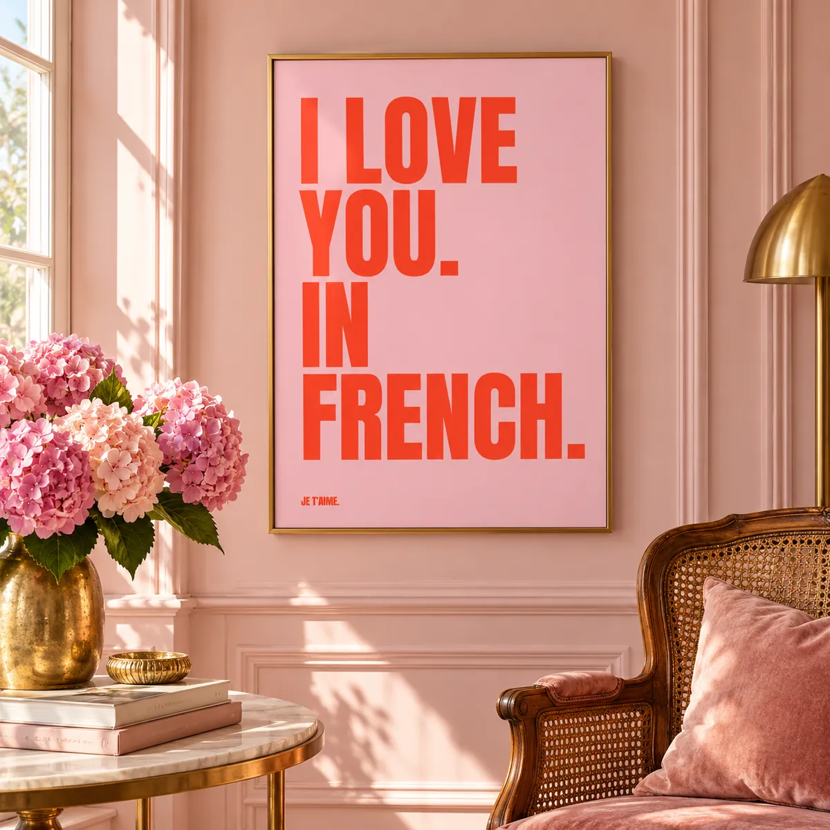 I Love You. In French. print framed in a pink panelled room with hydrangeas