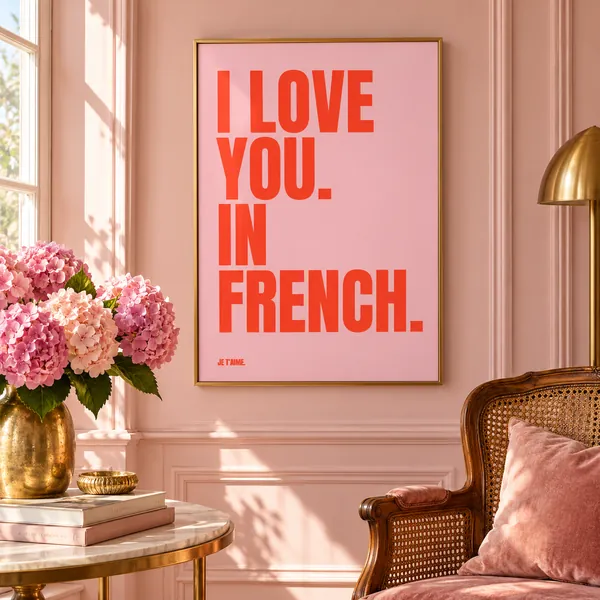 I Love You. In French. print, framed in a room
