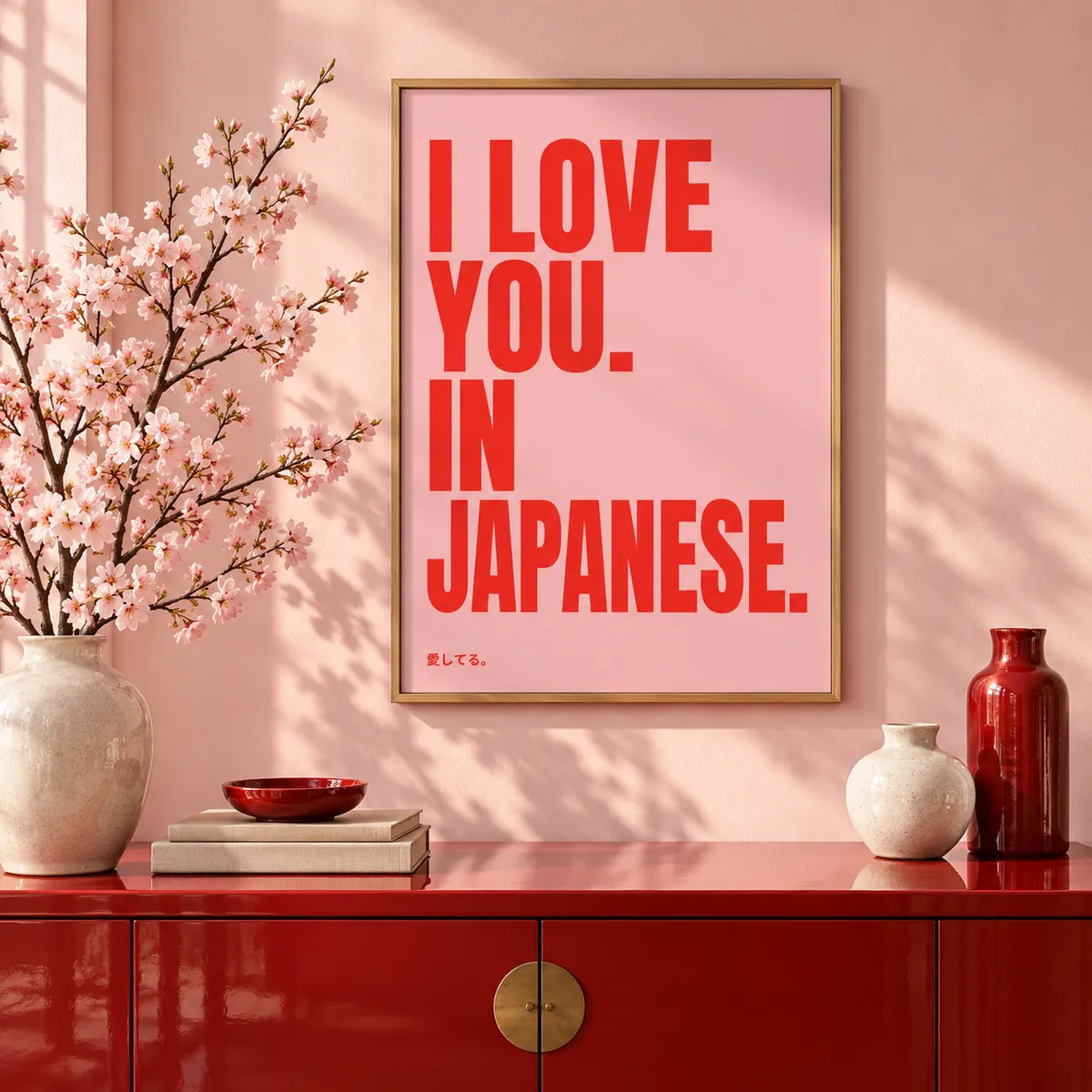 I Love You. In Japanese. print, shown framed in a room