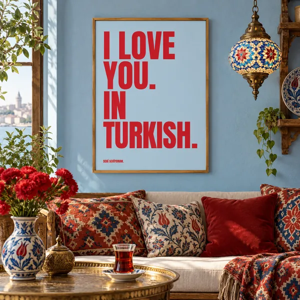 I Love You. In Turkish. print, framed in a room